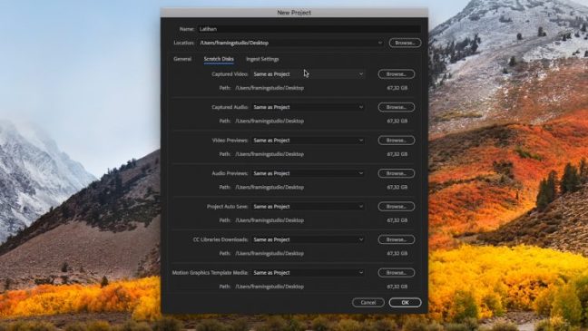 Menu Scratch Disks Adobe Premiere Pro
